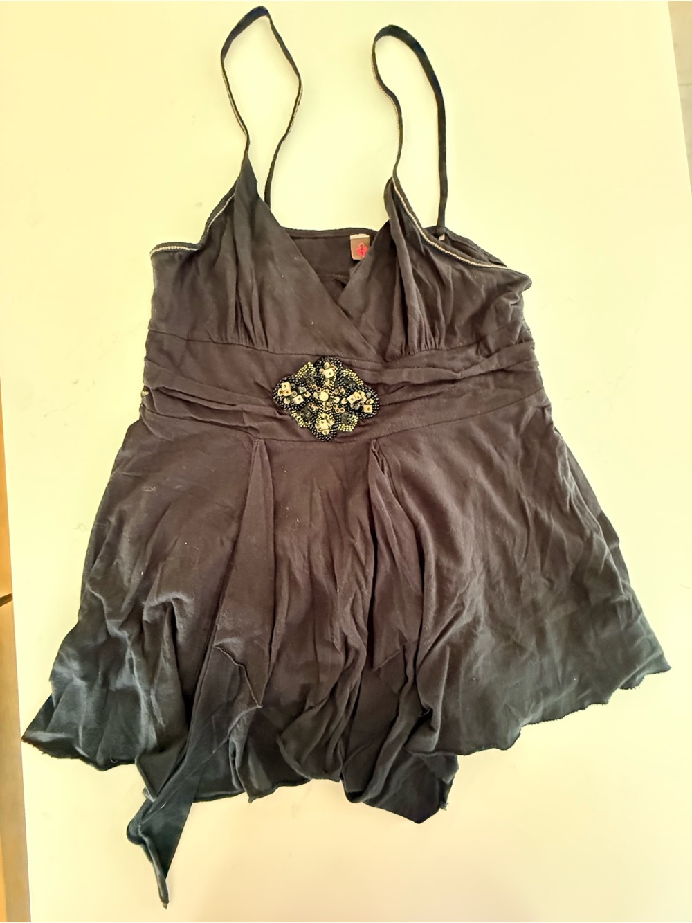 Vintage Language Beaded-Embellishment Black Spaghetti Strap Women's Top